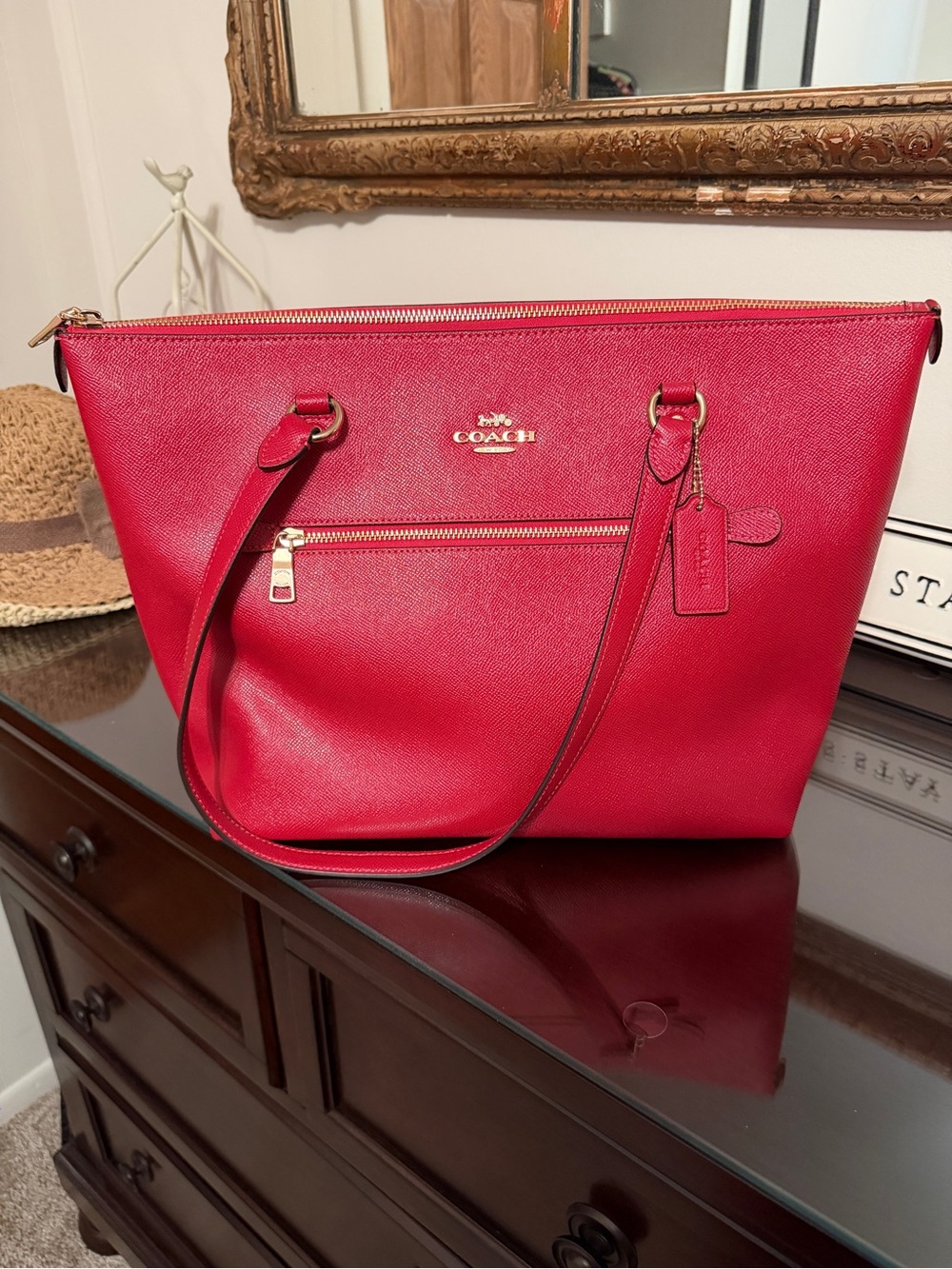 Coach Bright Red Leather Tote with Gold Hardware